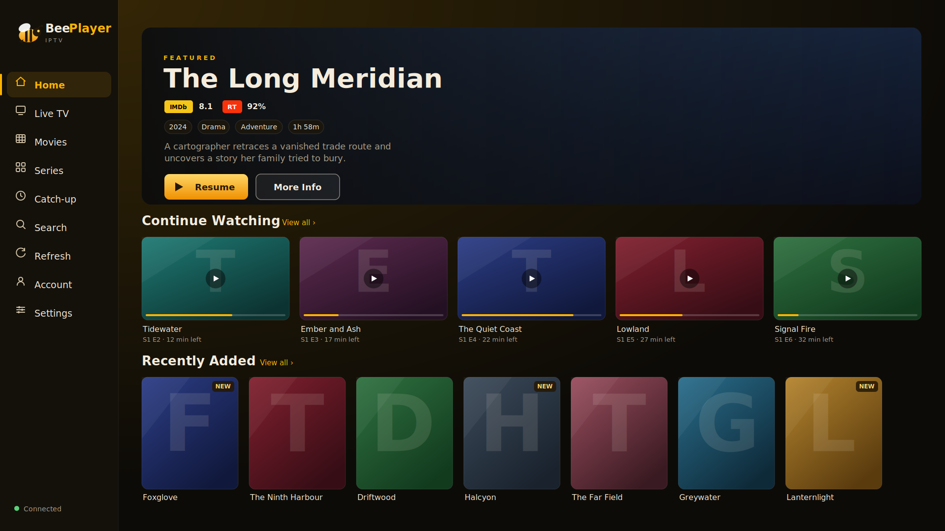 BeePlayer home screen on an LG TV showing a featured title, continue watching and recently added rails