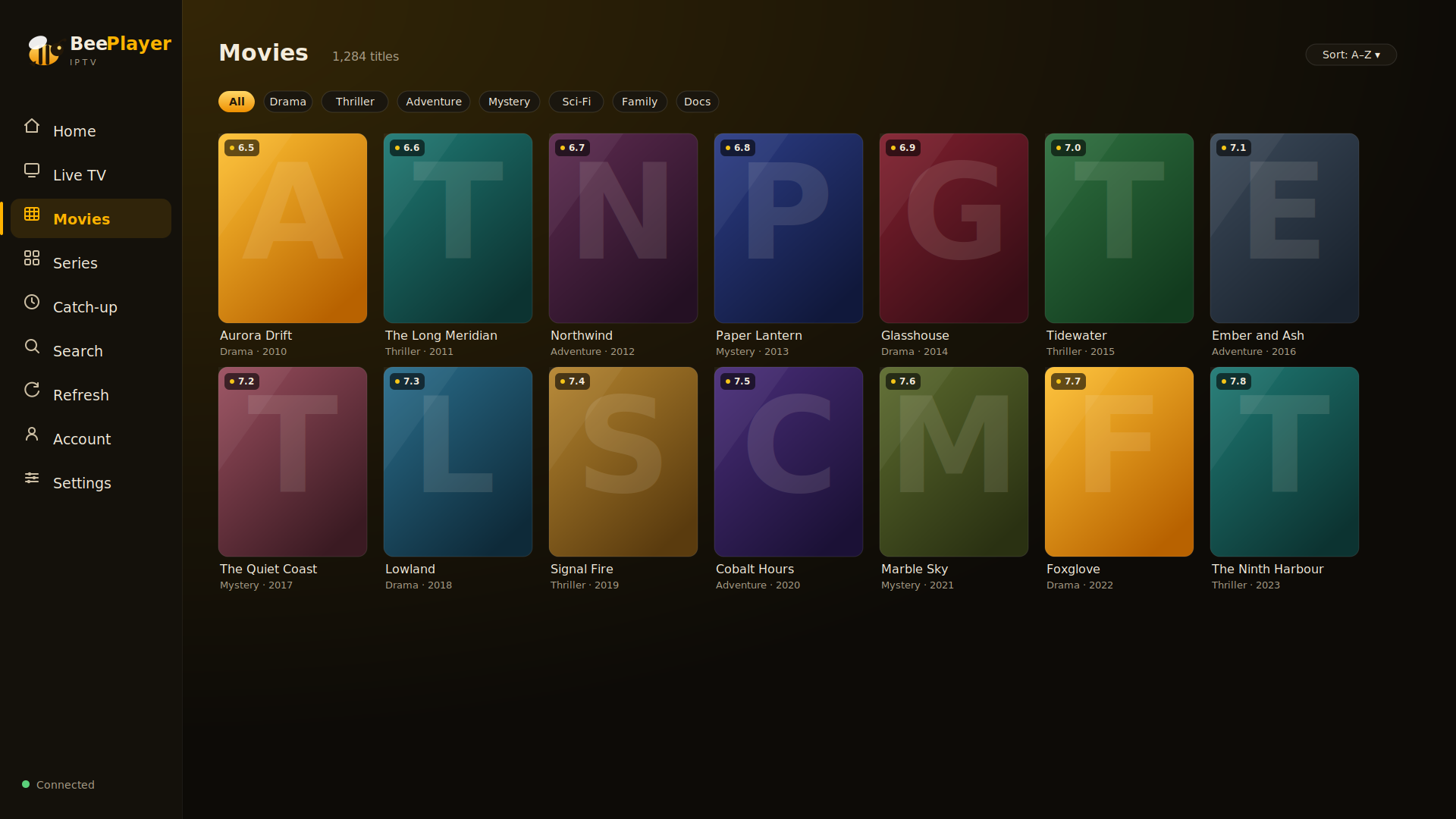 BeePlayer movies grid with posters, genres and ratings