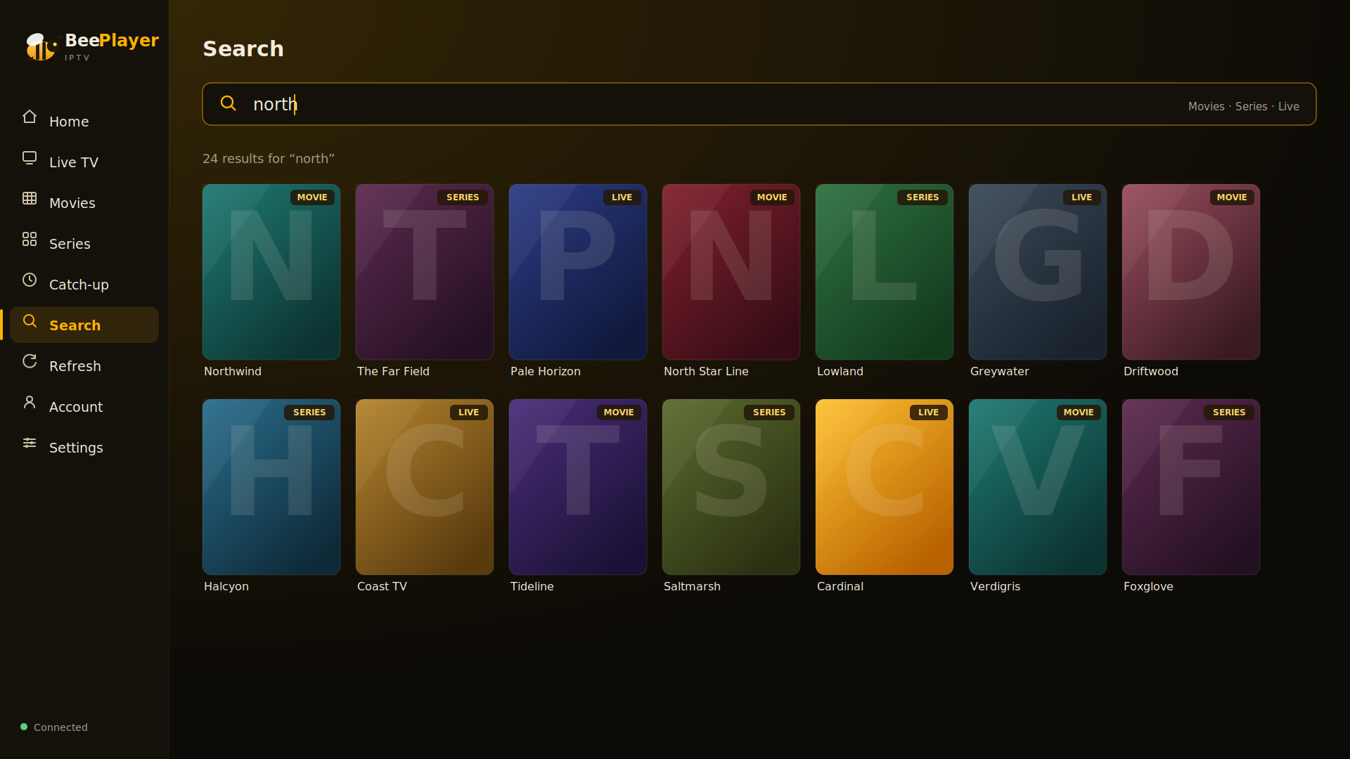 BeePlayer search across channels, films and series